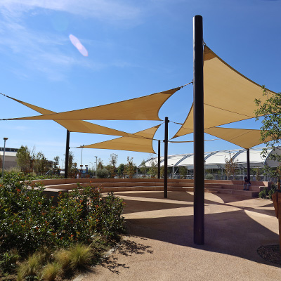 Shade canopy structures for seating underneath.